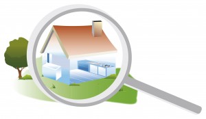 Drawing of a house exterior and interior with a magnifying glass to an energy audit